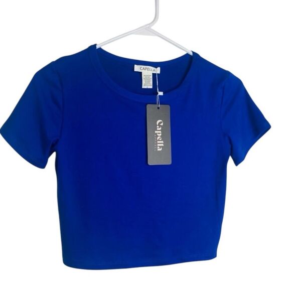 Women's Short Sleeve Roundneck Crop Top: Royal Blue - Picture 2 of 5